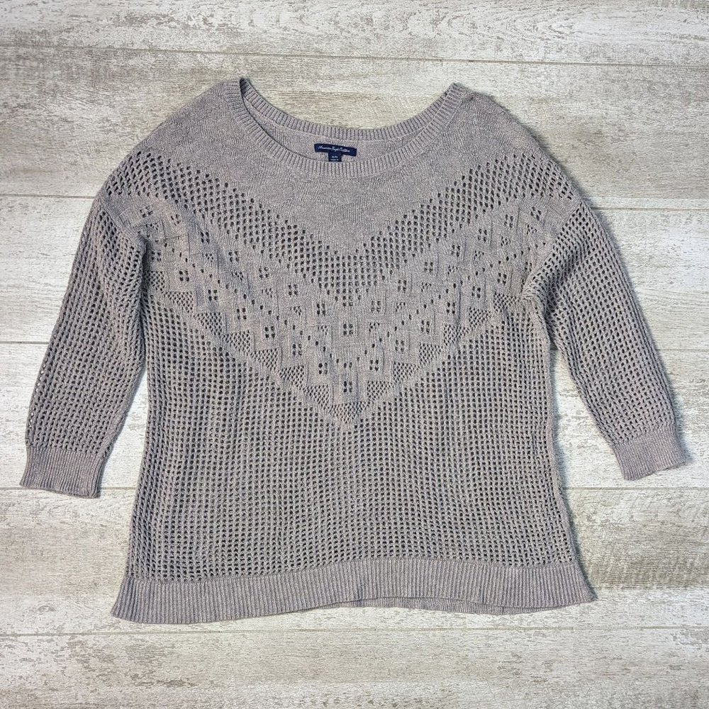 American Eagle Outfitters Open Knit Sweater Women XL Grey Cropped Sleeve